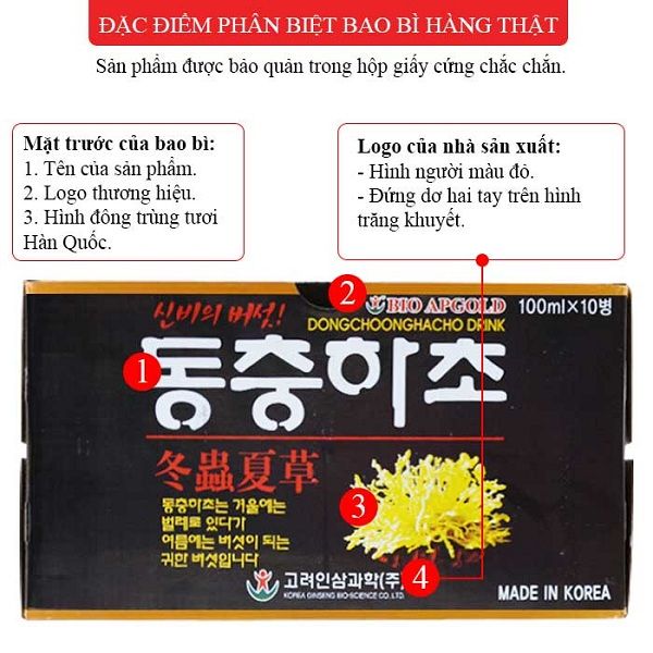 Đặc điểm trên bao bì hộp đông trùng hạ thảo nước Bio Apgold