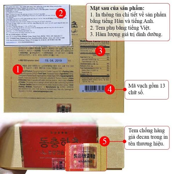 Mặt sau và cạnh của hộp đông trùng ha thảo viên BiO
