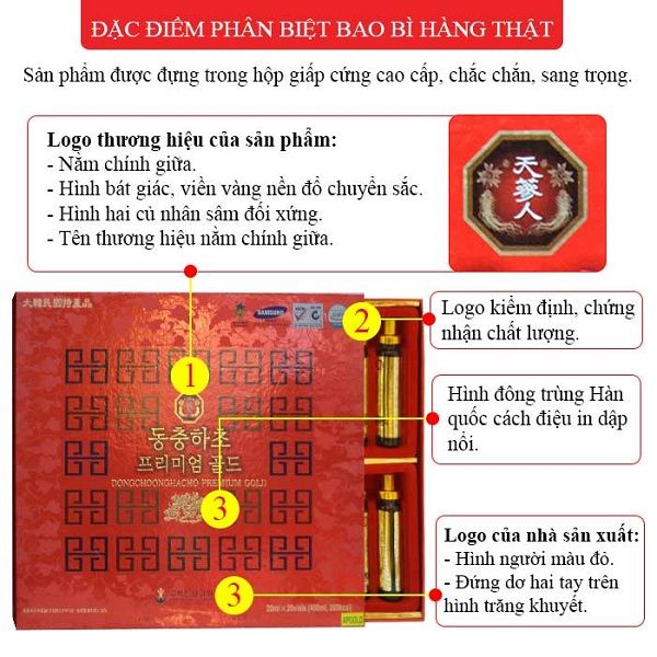 Đặc điểm trên bao bì hộp nấm linh chi đông trùng hạ thảo Hàn Quốc