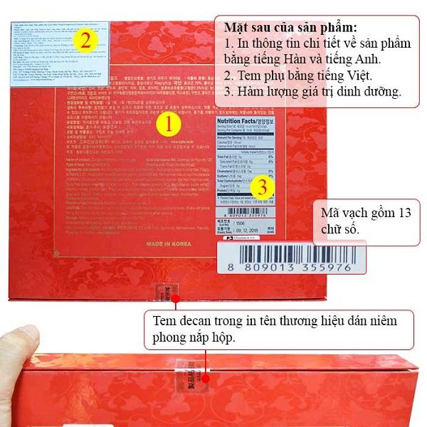 Mặt sau và tem dán trên nắp hộp sản phẩm